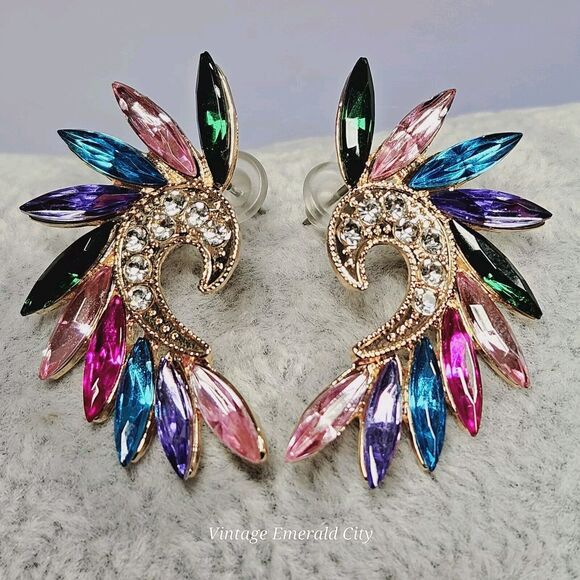 Color-block Rhinestone Stud Earrings Woman's Fashion Chic Drops Angel Wings   B2 - Picture 3 of 6